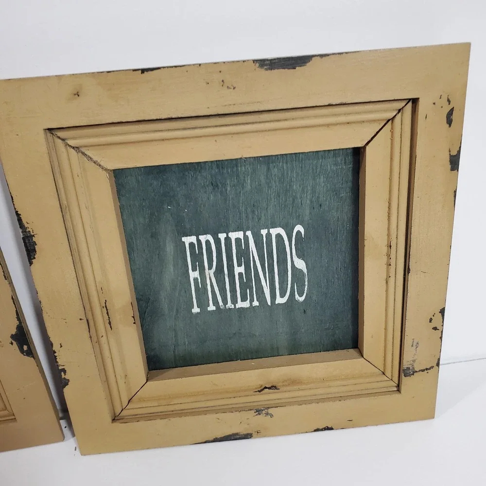 Farmhouse Wood Wall Art Set 3 Family Faith Friends Distressed Tan Square Signs